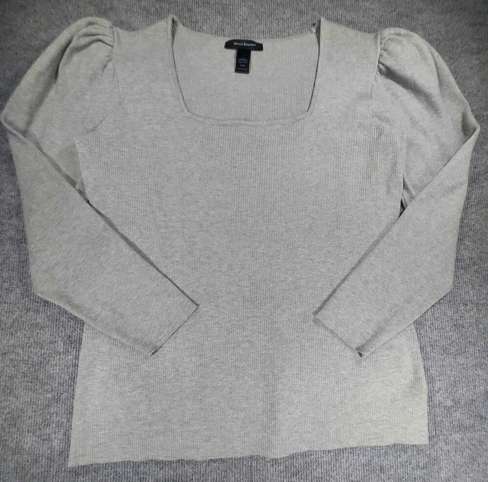 Ashley Stewart Grey Ribbed Knit Square Neck Puff Sleeve Top Plus Size 22/24 2X